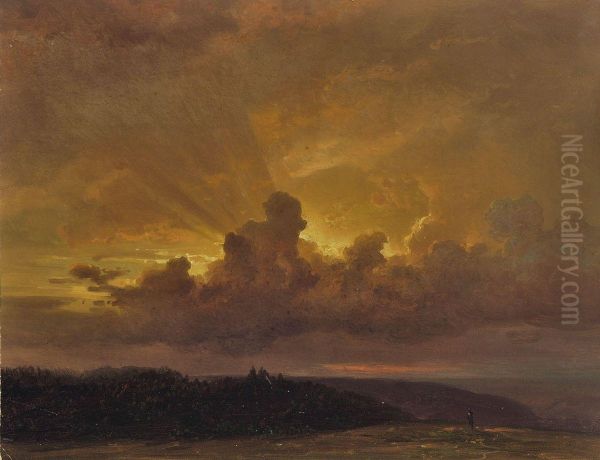 Weite Hugelige Landschaft Bei Sonnenuntergang Oil Painting by Karl Robert Kummer