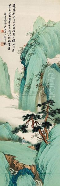 Waterfall In Mountain Oil Painting by Qi Kun