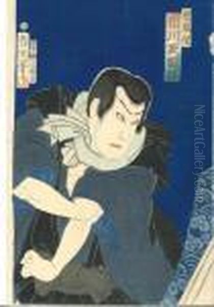 Triptyque Oban Tate-e Representant Des Portraits En Buste D'acteurs Sur Fond Bleu Oil Painting by Toyohara Kunichika