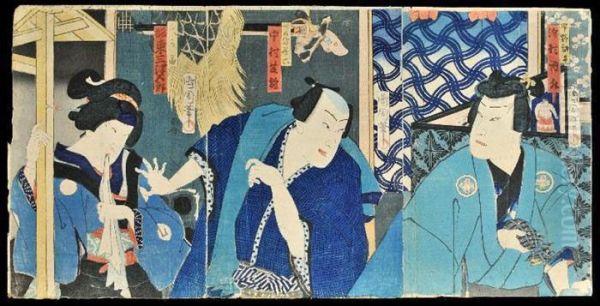 Triptych: A Samurai, A Courtesan And A Wrestler Oil Painting by Toyohara Kunichika