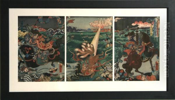 Hunting 9 Tailed Fox Triptyck Oil Painting by Utagawa Kunihisa