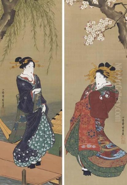 Beauties In Spring And Summer Oil Painting by Utagawa Kunihisa