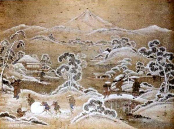 Figures Within A Snowy Landscape Scene Oil Painting by Utagawa Kunihisa