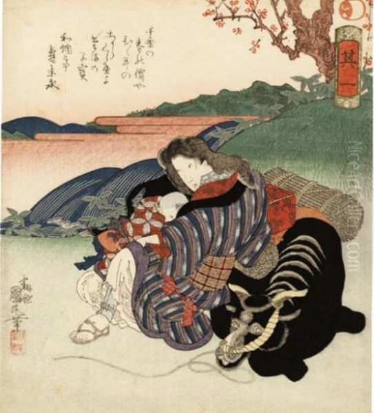 From The Surimono Series Suru Ichi [first Of A Set Of Companions] Commissioned By The Taikogawa Poetry Club, An Oharame Wood Cutter And A Child Resting Beside An Ox, The Poem Reads Senkin No Oil Painting by Utagawa Kunimaru