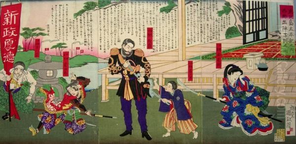 Saigo Takamori Wyruszajacy Na Bitwe-tryptyk Oil Painting by Utagawa Kunimasa