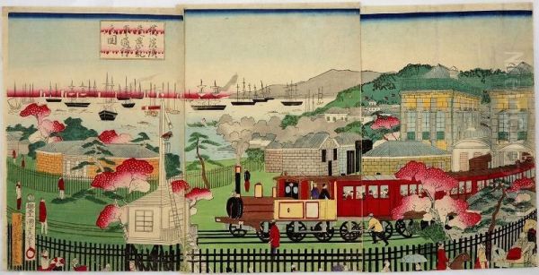 Running Steam Locomotive In Yokohama by Utagawa Kunimasa