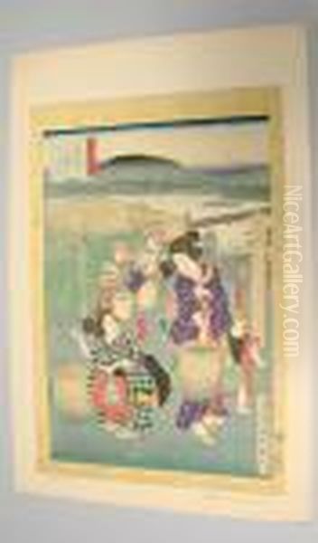 Ladies Gathering Tea Leaves Oil Painting by Kunisada