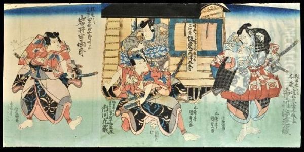 Triptych: Two Men Emerging From A Palanquin Are Attacked By Warriors Oil Painting by Kunisada