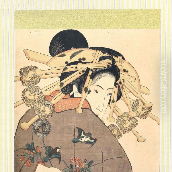 Diptykon Wood Block Print In The Shape Of A Bijin Oil Painting by Gototei Kunisada