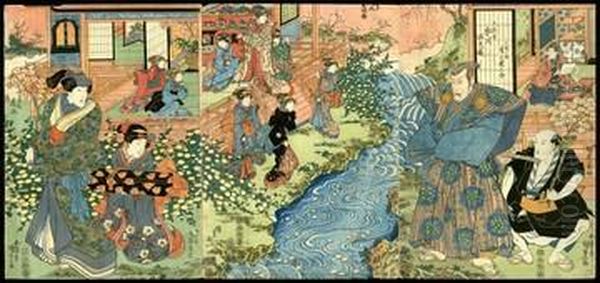 Garden Stream Oil Painting by Gototei Kunisada