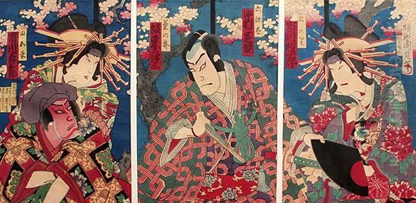 Settling A Feud Between A Geisha And Samurai - Triptych Oil Painting by Kunisada Iii Hosai