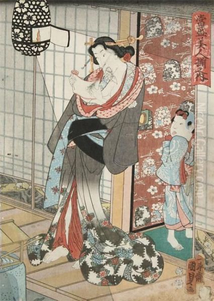 Een Schoonheid Met Zakdoek Tussen De Lippen Oil Painting by Utagawa Kunisada