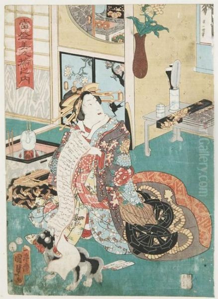 Prent Uit De Reeks Hedendaagse Schoonheden Op Dezelfde Wijzeafgebeeld In Hun Prive Vertrekken Oil Painting by Utagawa Kunisada