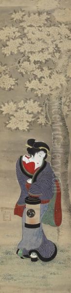 Beauty Walking Beneath A Cherry Tree In The Evening Oil Painting by Utagawa Kunitomi