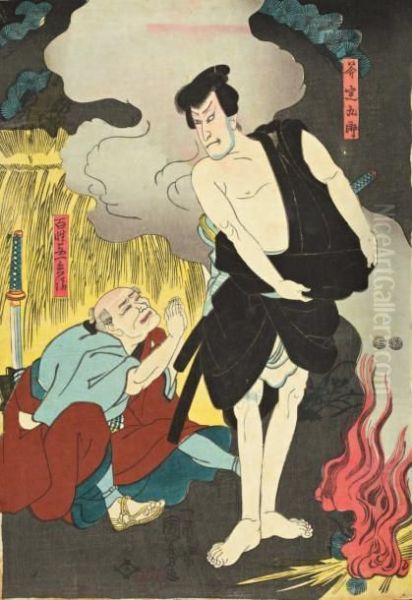 Quatre Oban Tate-e Dont Partiede Triptyque: Fantomes, Combat De Samourai, Heros, Brigands Oil Painting by Kuniyoshi