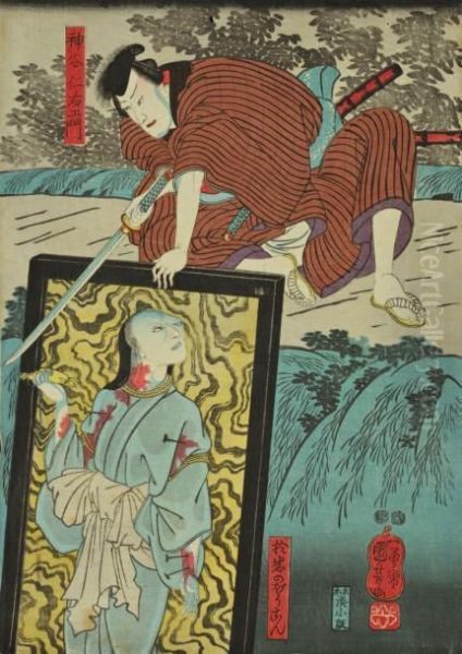 Quatre Oban Tate-e Dont Partiede Triptyque: Acteurs Dans Des Roles De Samourai Et Heros Oil Painting by Kuniyoshi