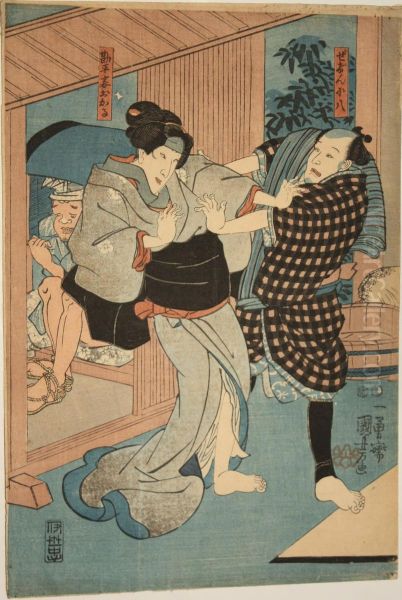 Theatrical Scene With Two Samurai Oil Painting by Kuniyoshi