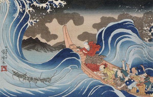 Ichiyusai Kuniyoshi Nichiren Calming A Storm At Kakuda Oil Painting by Ichiyusai Kuniyoshi