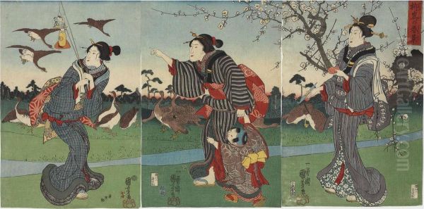 View Of Yanagishima In Spring Oil Painting by Utagawa Kuniyoshi