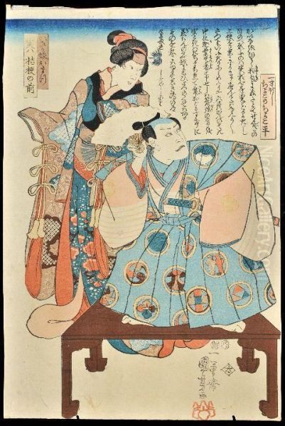 A Courtesan Stands Behind A Robed Nobleman Oil Painting by Utagawa Kuniyoshi