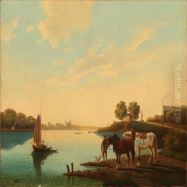 German River Scene Oil Painting by G. Kuns