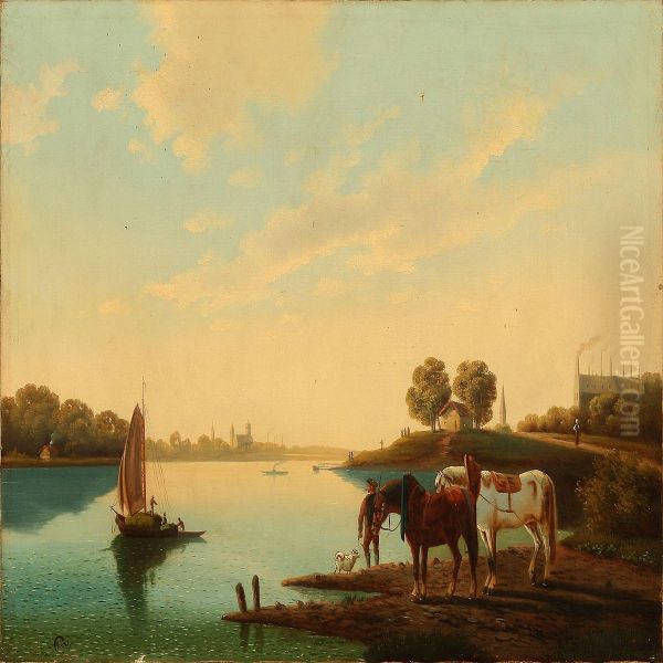 River Scene Oil Painting by G. Kuns