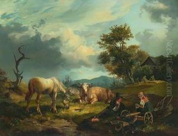 Rastendes Bauernpaar Auf Der
 Weide Oil Painting by Karl Kuntz