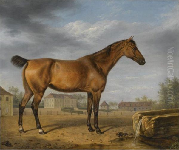 A Study Of A Bay Thoroughbred In A Landscape, A Castle Beyond Oil Painting by Rudolf Kuntz