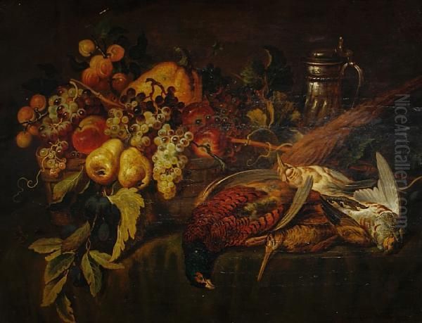 Still Life Of A Fruit And Game On A Table Oil Painting by Ludwig Adam Kunz