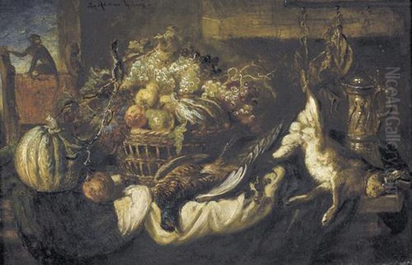 Jagdstillleben Mit Fruchtekorb Und Affe. Oil Painting by Ludwig Adam Kunz