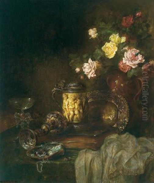 Stilleben Mit Rosen Und Antiquitaten Oil Painting by Ludwig Adam Kunz