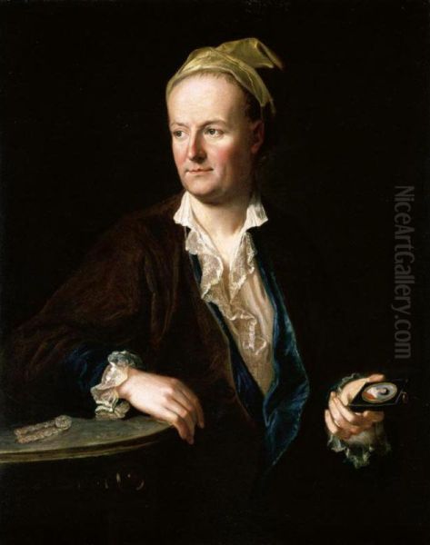 Portrait Of A Gentleman, Half Length, Wearing A Brown Overcoat, Leaning Against A Table And Holding A Miniature Oil Painting by Jan Kupetzki