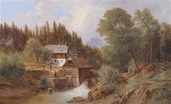 Sawmill In Salzburg Oil Painting by Ferdinand Kuss