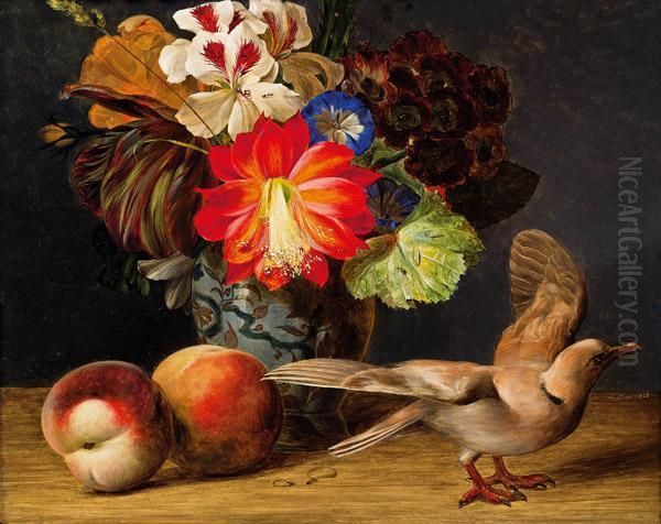 Blumenstilleben Mit Pfirsichen Und Taube Oil Painting by Ferdinand Kuss