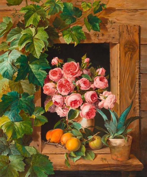 Still Life With Roses And Apricots. Oil Painting by Ferdinand Kuss