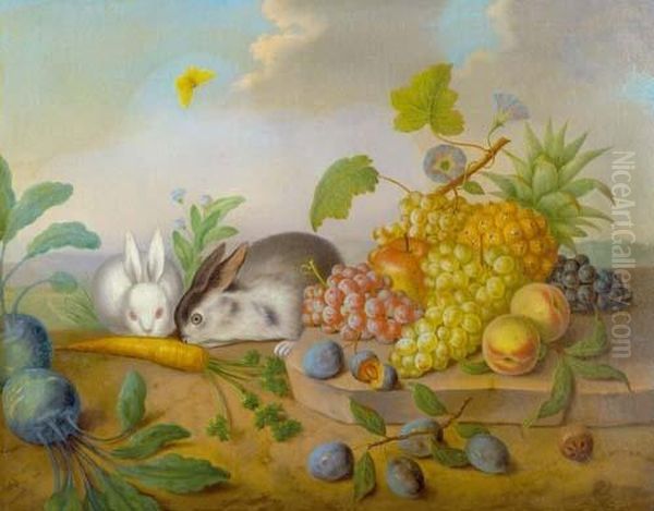 Fruit Still Life And Two Rabbits. Oil Painting by Ferdinand Kuss