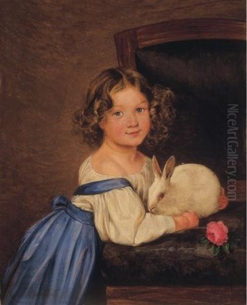 Girl With A White Rabbit Oil Painting by Ferdinand Kuss