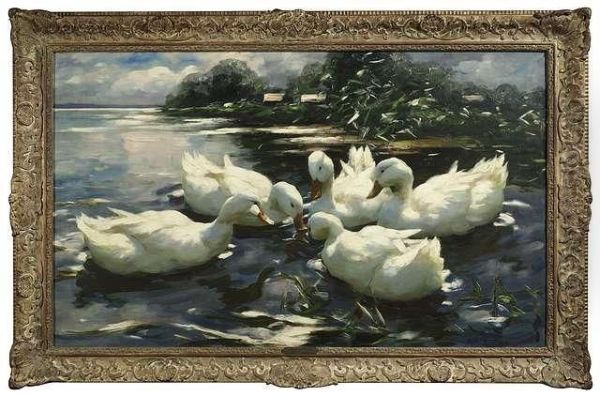 Five Duckscavorting At Lakeshore Oil Painting by Alexander Kuster