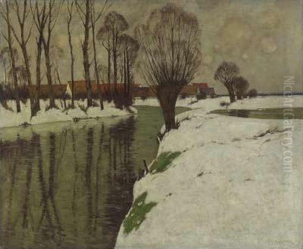 Winterliche Flusslandschaft Mit Dorfansicht Oil Painting by Carl Kustner