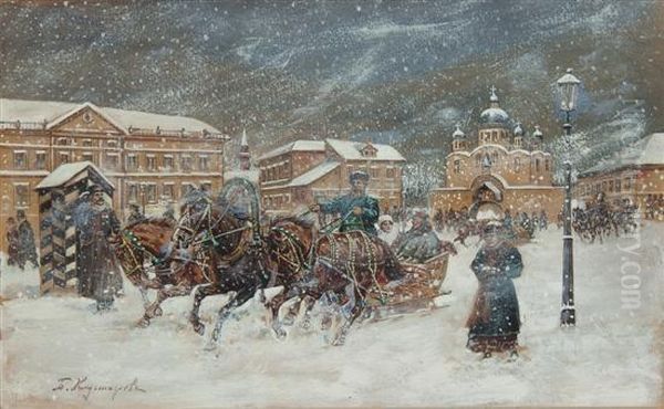 Troika In The Snow Oil Painting by Boris Kustodiev