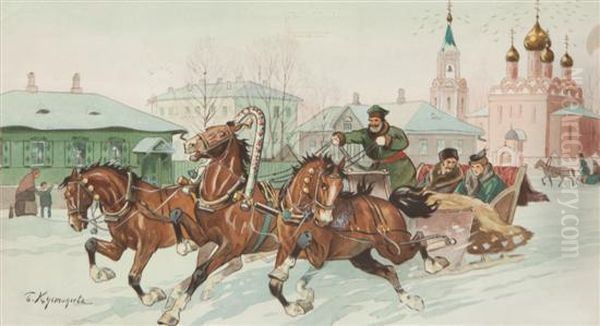 Troika Racing Through Town Oil Painting by Boris Kustodiev