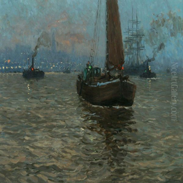 Evening View Over Theharbour In Hamburg Oil Painting by Paul Kutscha