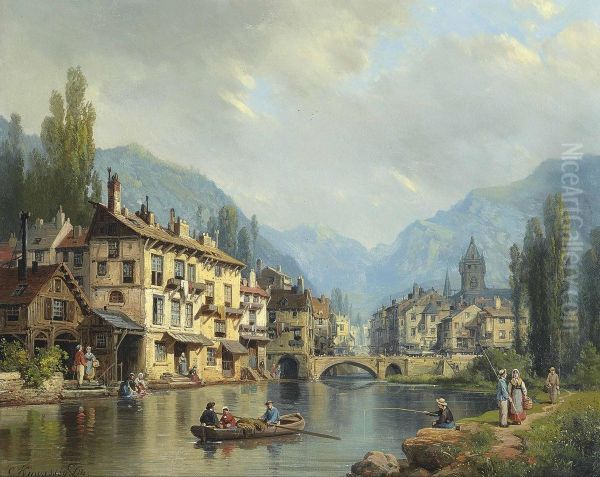 An Alpine Town In Spring Oil Painting by Charles Euphrasie Kuwasseg