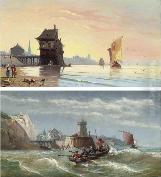 Rowing Out At A Lighthouse Oil Painting by Charles Euphrasie Kuwasseg