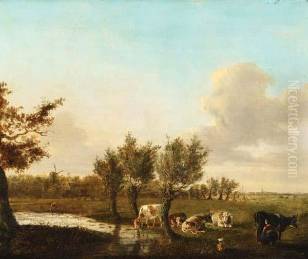 Zugeschrieben Landschaft Mit Kuhen Und Melkender Bauerin Oil Painting by Jan Kuyper