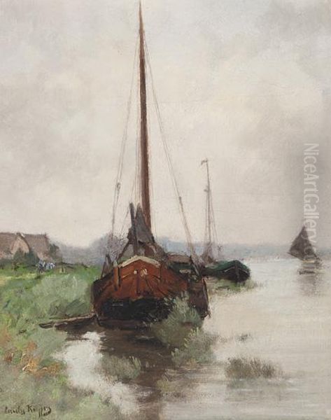 Moored Boats On A Canal Oil Painting by Cornelis Kuypers