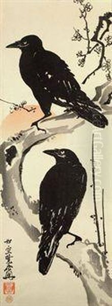 Two Crows On A Plum Branch With Rising Sun Oil Painting by Kawanabe Kyosai