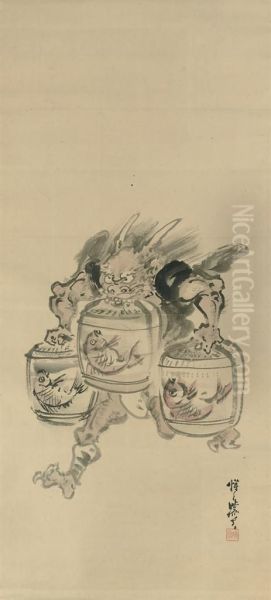 A Demon Charging Off With Three Sake Barrels Oil Painting by Kawanabe Kyosai