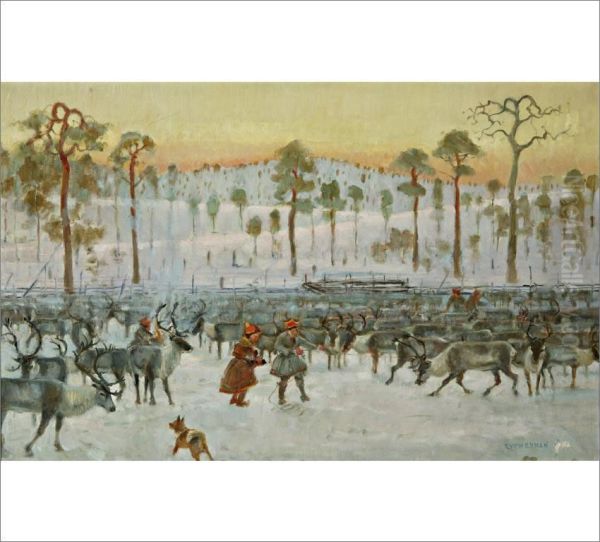 Reindeer Enclosure Oil Painting by Juho Kyyhkynen