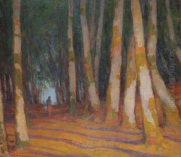 A Forest Road With Figures Oil Painting by Csordak L Udovit